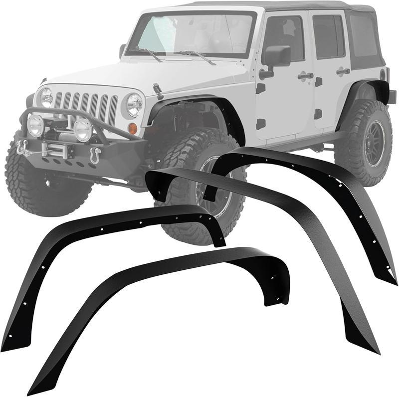 Flat Front & Rear Fender Flares Compatible with 2007-2018 Jeep Wrangler JK & JKU Unlimited(2/4 Doors), Off-Road Metal Steel Wheel Flares 4 PCS Resistant Mud Flaps