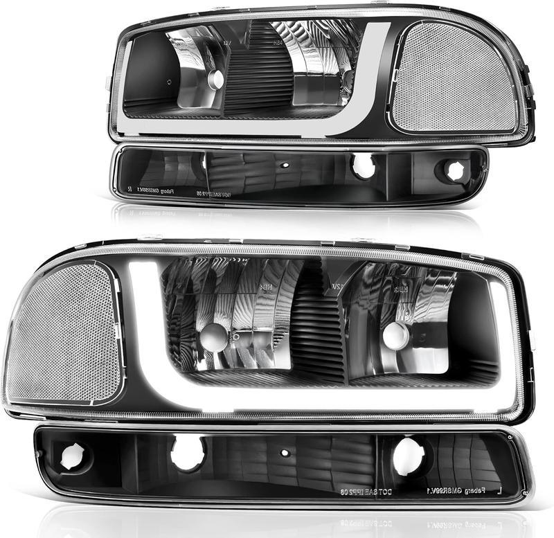 DWVO LED DRL Headlight Assembly Compatible with 1999-2006 GMC Sierra 1500/2500, 2007 GMC Sierra 1500/1500HD/2500HD/3500 Classic, 00-06 Yukon XL Black Housing Clear Reflector Headlamps
