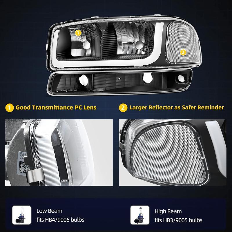 DWVO LED DRL Headlight Assembly Compatible with 1999-2006 GMC Sierra 1500/2500, 2007 GMC Sierra 1500/1500HD/2500HD/3500 Classic, 00-06 Yukon XL Black Housing Clear Reflector Headlamps