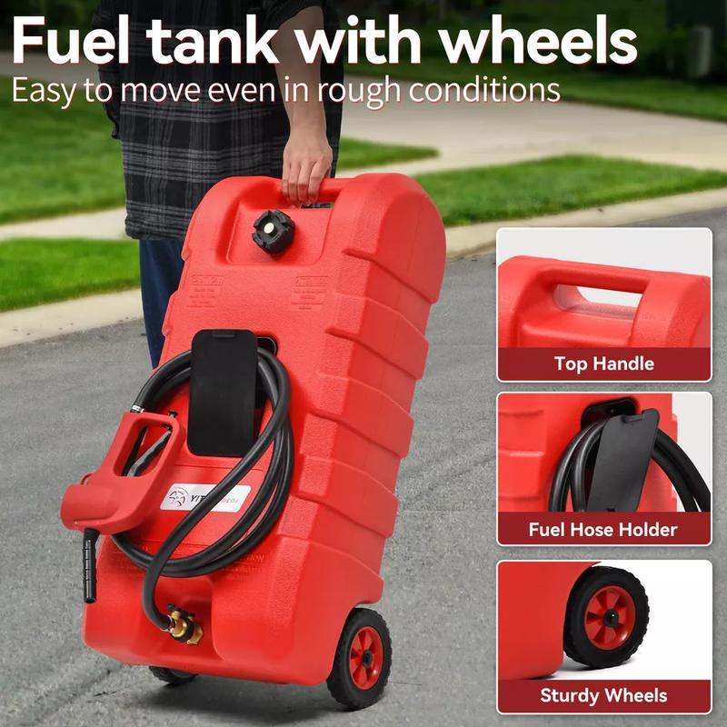 Fuel Caddy 15 Gallon Portable Fuel Tank with Manual Transfer Nozzle, Diesel Fuel Container, Red Sturdy Wheels Top Handle