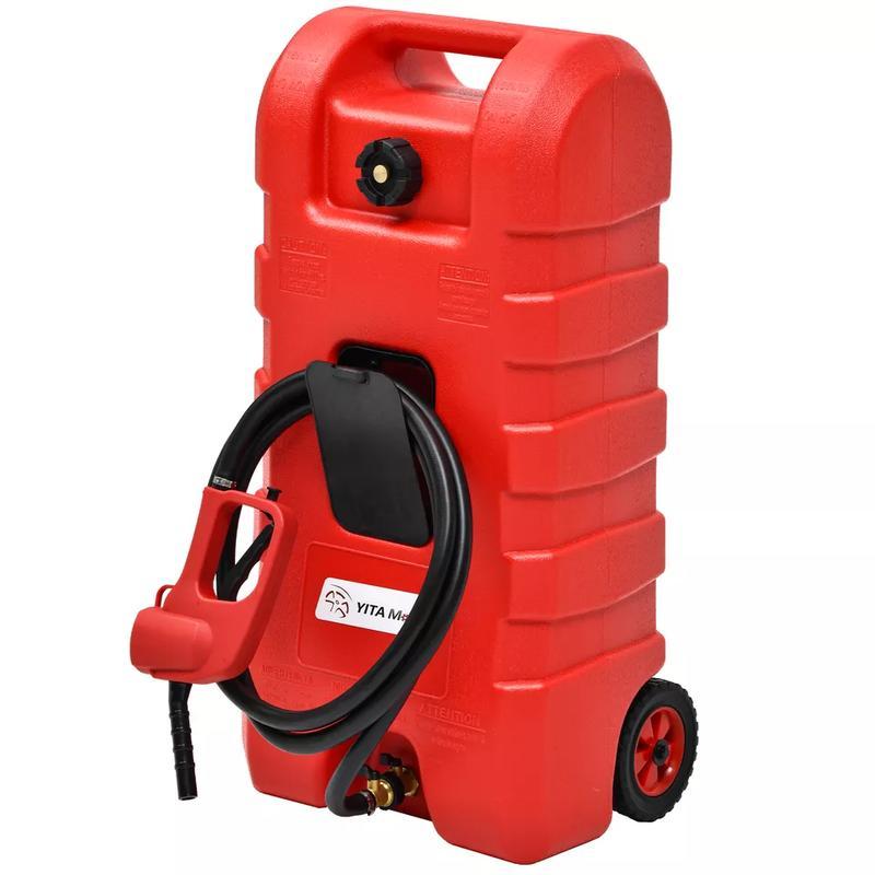 Fuel Caddy 15 Gallon Portable Fuel Tank with Manual Transfer Nozzle, Diesel Fuel Container, Red Sturdy Wheels Top Handle
